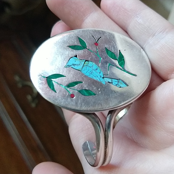 Vintage Native American sterling silver 925 inlay turquoisebracelet bird cuff